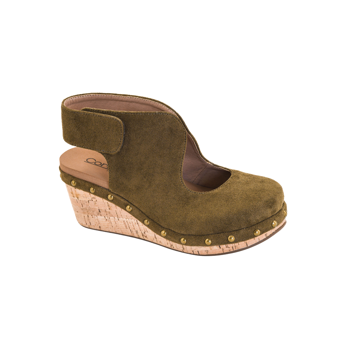 The Oh It’s You Moss Green and Cork Wedge from CORKY’S FOOTWEAR INC features moss green suede, a cork heel, closed toe, cutout side details, gold stud accents, and a Velcro ankle strap. Main image