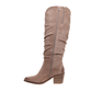 The Whitney-4 Tall Boot in Taupe by Pierre Dumas (OLEM SHOE CORP) is a knee-high, slouchy suede boot with a side zipper, pointed toe, and stacked block heel, shown in profile against a white background.