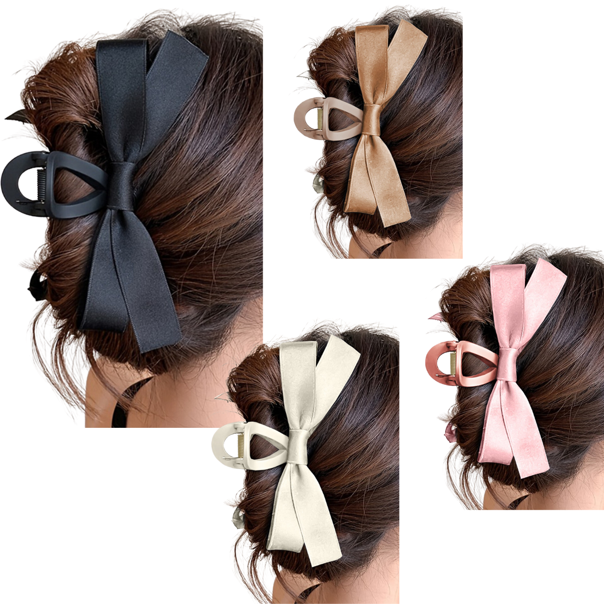 Four hair buns adorned with large ribbon bows in black, brown, cream, and pink shades. The hair is styled up with the Hair Claw Clip with Side Bows by Flipflops & Whatnots attached at the back. Main image