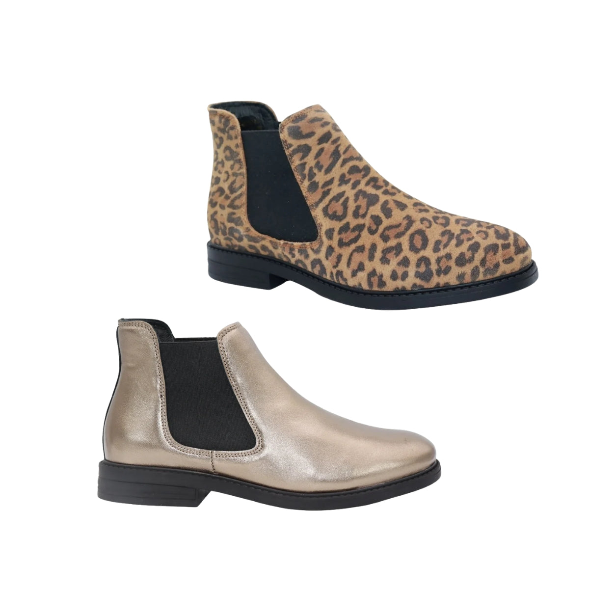 Here’s a rewritten version of your sentence using the provided product data: Two Tiffany Chelsea Boots by Eric Michael: one features a striking leopard print upper with a contrasting black stretch panel, while the other boasts bold metallic pewter with a sleek black stretch panel—both set on classic black soles and elegantly presented against a white background. Main image