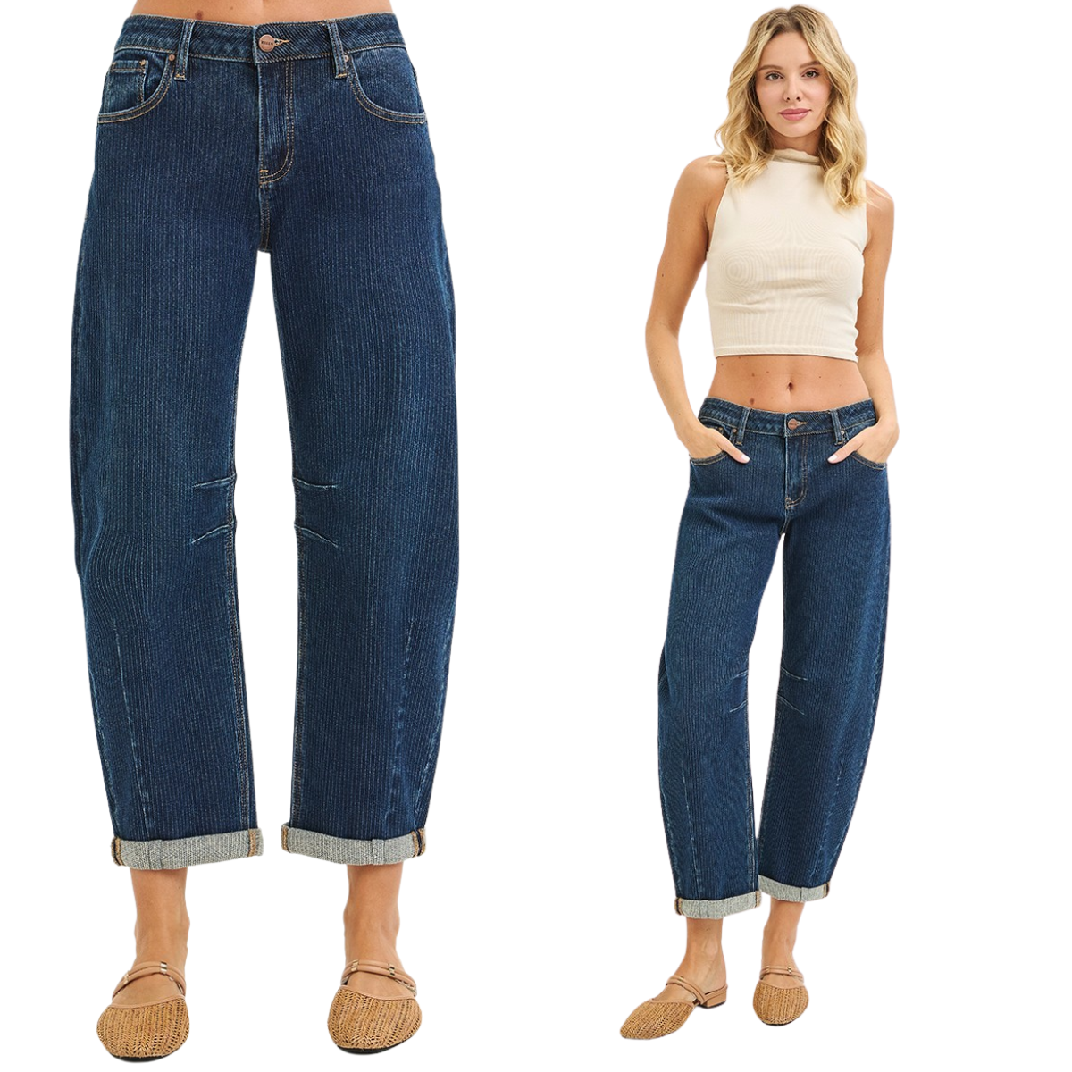 A woman wears FASHION GO Slouchy Crop Barrel Textured Jeans with a sleeveless beige crop top, standing with hands in pockets; close-up of the jeans is shown on the left. Main image