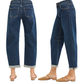 Two women wear FASHION GO Slouchy Crop Barrel Textured Jeans and woven tan flats, shown from the back and side against a white background.