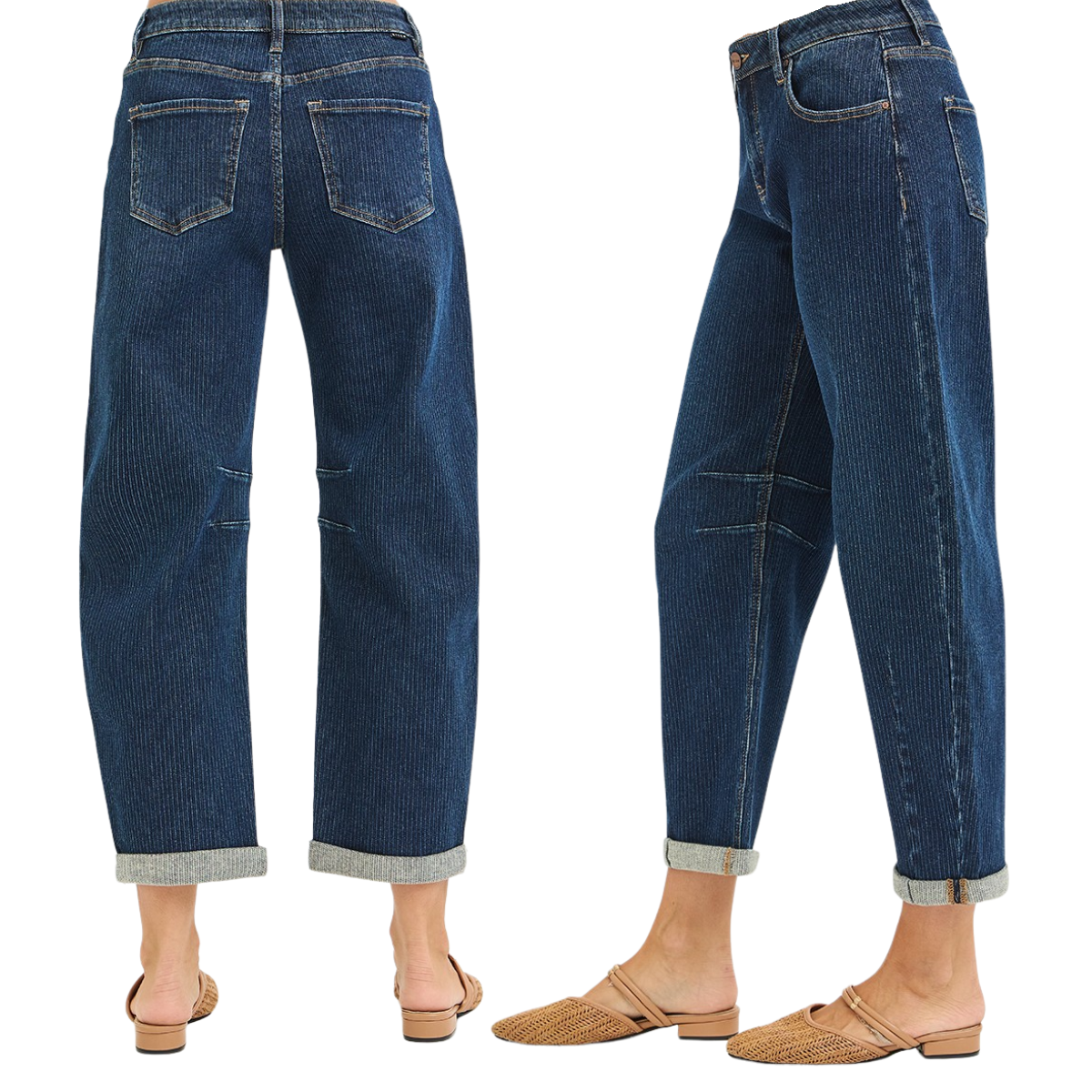 Two women wear FASHION GO Slouchy Crop Barrel Textured Jeans and woven tan flats, shown from the back and side against a white background.