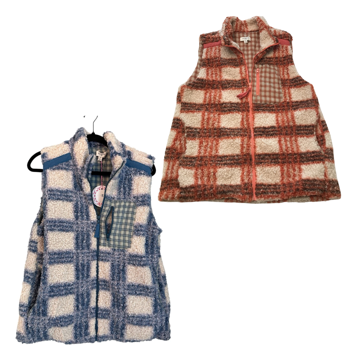 Two Umgee Fleece Zip Up Vests are shown side by side—one in blue and white, the other in orange and white—each featuring plaid pockets, ideal for effortless fall layering.