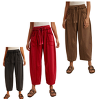 Three pairs of Mineral Wash Barrel Fit Utility Knit Pants in charcoal, red, and brown, each featuring a drawstring waist, barrel leg, and side pockets.