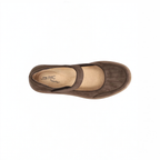 Top-down view of an EASY STREET Slater Chocolate Mary Jane shoe in brown suede-look material, featuring a strap across the instep and stitching details on the toe.