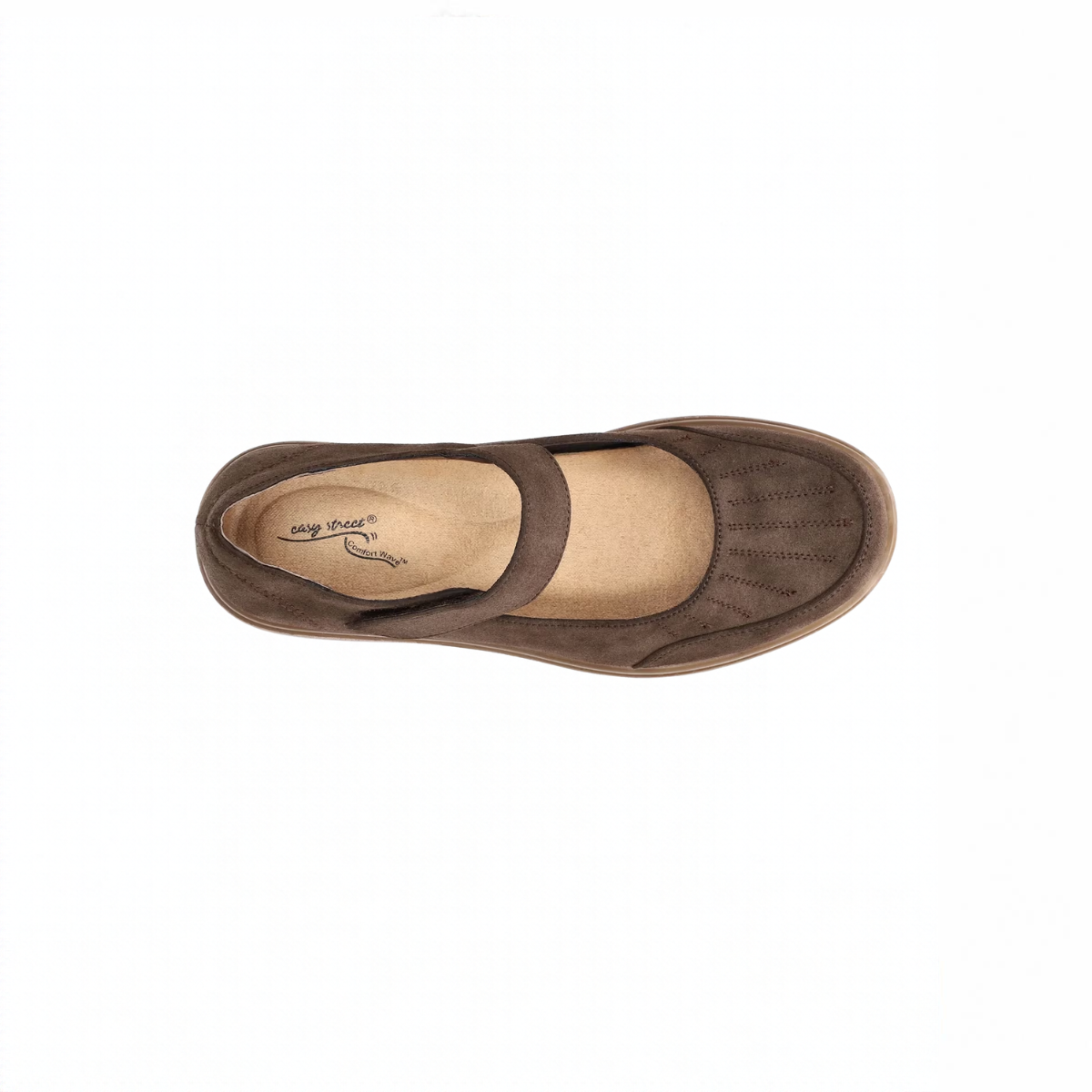 Top-down view of an EASY STREET Slater Chocolate Mary Jane shoe in brown suede-look material, featuring a strap across the instep and stitching details on the toe.