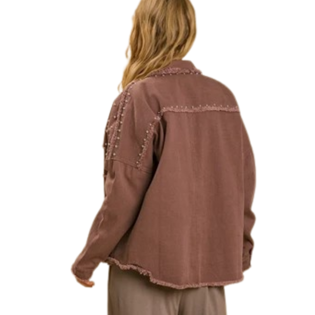 Person with long, wavy hair seen from the back wearing a mauve Umgee Collared Jacket with silver studs.