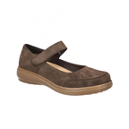 Easy Street Slater Chocolate Mary Jane flats in brown suede-look material with a hook-and-loop strap and a tonal rubber sole.