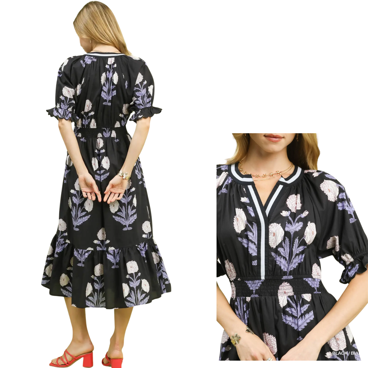 Floral Smocked Midi Dress Blue and Black Secondary image