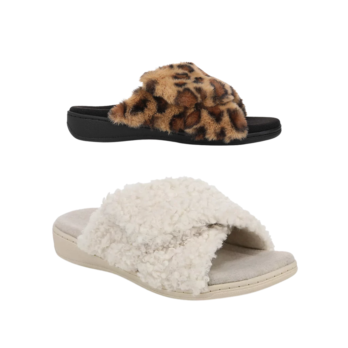 A pair of Vionic Relax II Slipper – Leopard & Cream, featuring one leopard print slipper with a black sole and one cream slipper with a matching light-colored sole.