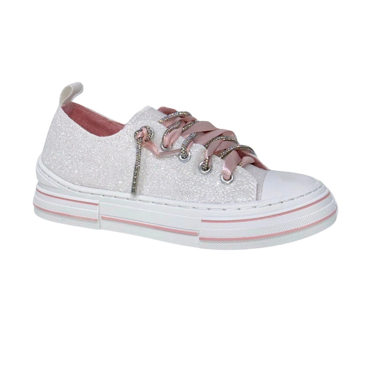 Women's Very G Aman Mary's Version white glitter sneaker with pink accents and sparkling rhinestone laces Main image