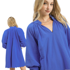 A woman models the Umgee Textured Pocket Mini Dress in ocean blue, with a v-neckline and long balloon sleeves, shown from front and back against a white background.