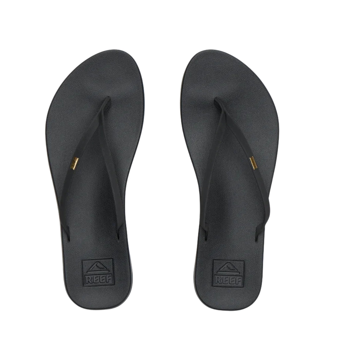 A pair of REEF Cushion Slim Flip Flops in Black, featuring thin straps and the REEF logo on a cushioned footbed, viewed from above on a white background—the perfect summer sandals for everyday wear. Main image
