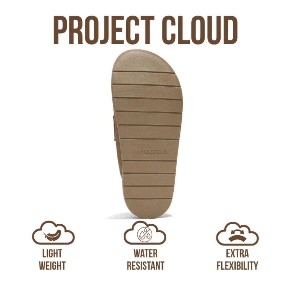 The Cassie Penny Loafer Suede Clog by Project Cloud is displayed, featuring icons and text that highlight its water-resistant qualities, genuine leather clog construction, and advanced arch support for superior flexibility.