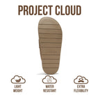 The Cassie Penny Loafer Suede Clog by Project Cloud is displayed, featuring icons and text that highlight its water-resistant qualities, genuine leather clog construction, and advanced arch support for superior flexibility.