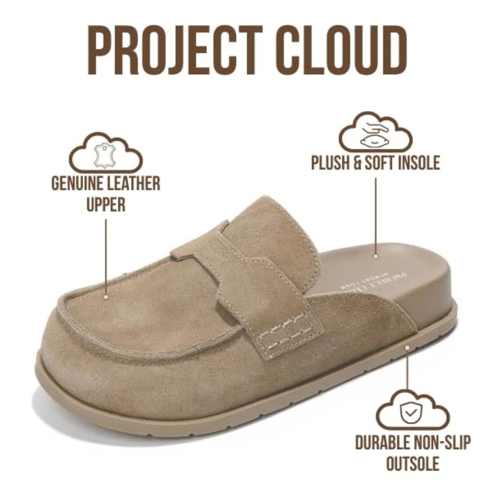 Experience the Project Cloud Cassie Penny Loafer Suede Clog—a tan slip-on featuring a genuine leather upper, enhanced arch support, a plush soft insole, and a durable non-slip outsole. Key features are highlighted above the shoe.