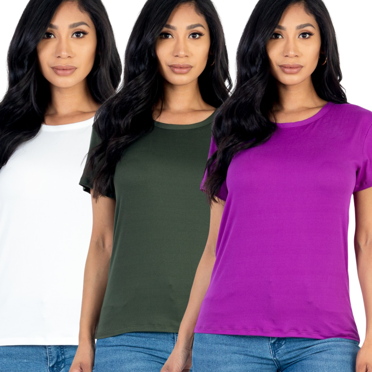 Three women wear FASHION GO Basic Short Sleeve T-shirts in white, green, and purple, standing side by side against a white background—essential pieces for any wardrobe.