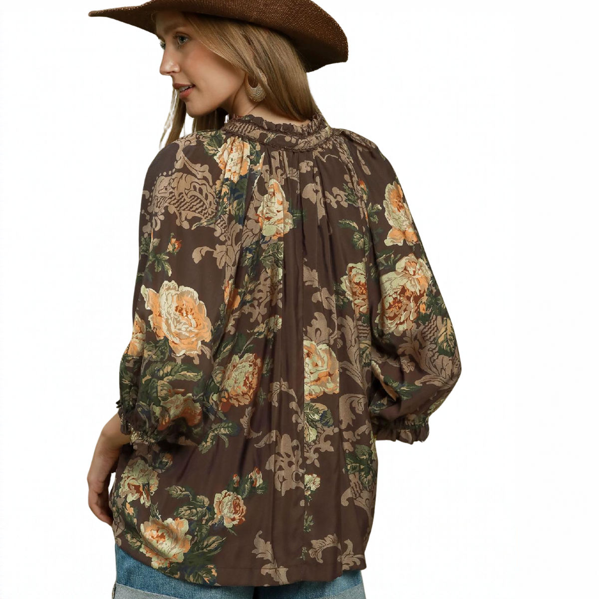 Floral Ruffle Neck Split V-Neck Blouse Secondary image