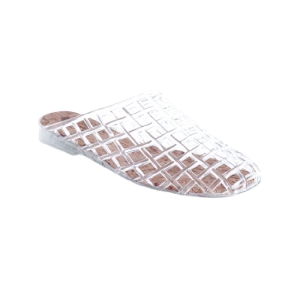 The SUMMER RIO Clear Jelly Mule is a minimalist shoe with a transparent geometric grid design and flat sole, shown against a white background. Main image