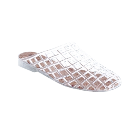 The SUMMER RIO Clear Jelly Mule is a minimalist shoe with a transparent geometric grid design and flat sole, shown against a white background.