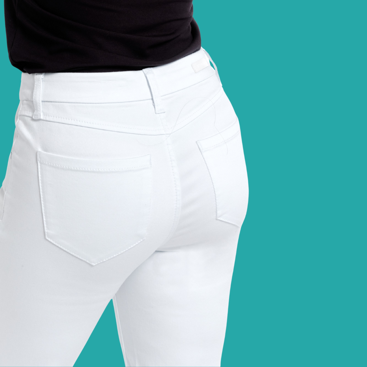 Model wearing FASHION GO 30" inseam Better Butter White Jeans and a black top, shown from the back against a plain teal background.