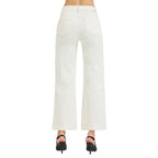 Model wearing Fashiongo Tummy Control High Rise Crop Wide Pants in white with black high-heeled shoes, shown from the back on a plain white background.