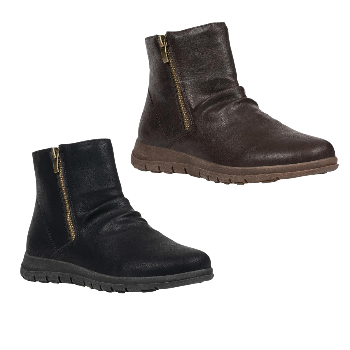 Two pairs of the Good Choice Freemont Side Zip Low Slouched Bootie, one in black and one in brown, both featuring a side zipper and flat rubber soles, are displayed as the perfect casual bootie options on a white background. Main image