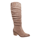 The Whitney-4 Tall Boot in Taupe by Pierre Dumas, from OLEM SHOE CORP, features a suede slouchy knee-high shaft, almond toe, and stacked block heel.