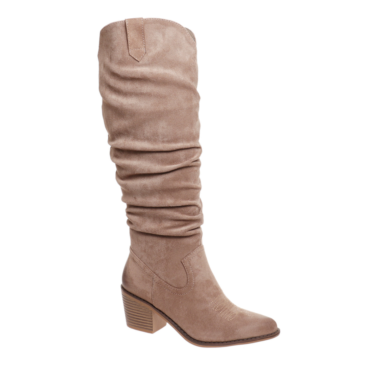 The Whitney-4 Tall Boot in Taupe by Pierre Dumas, from OLEM SHOE CORP, features a suede slouchy knee-high shaft, almond toe, and stacked block heel.
