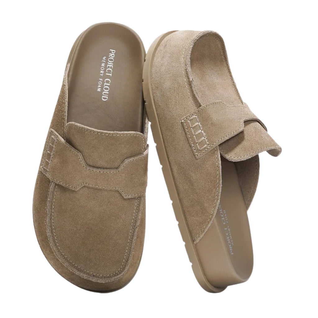 Cassie Penny Loafer Suede Clog by Project Cloud—tan suede slip-on loafers with stitched detailing, built-in arch support for all-day comfort, and “Project Cloud” branding on the insole, displayed against a plain white background.