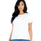 A woman with long dark hair wears the FASHION GO Basic Short Sleeve T-shirt and blue jeans, posing against a white background—a must-have wardrobe essential.