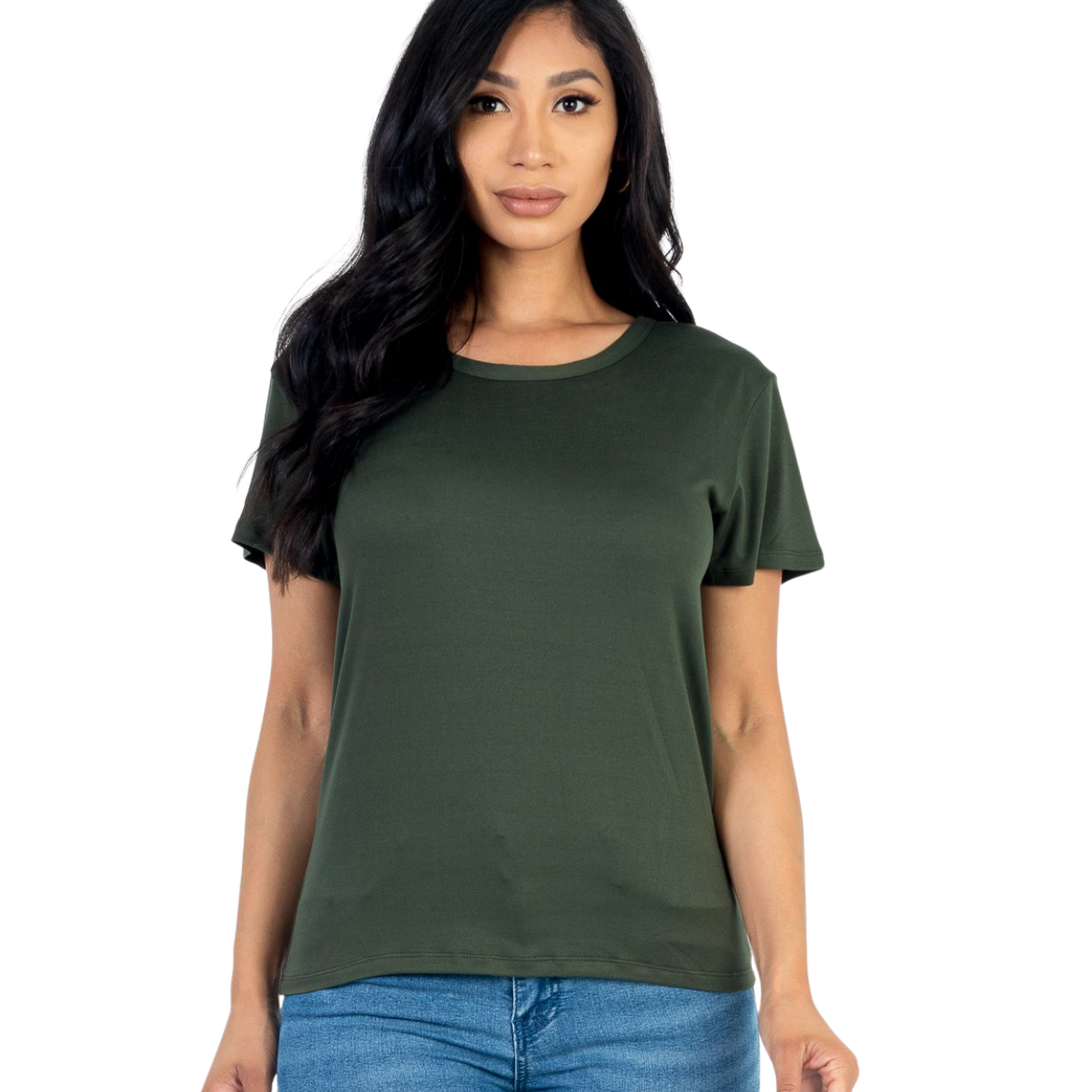 A woman stands against a white background, wearing the FASHION GO Basic Short Sleeve T-shirt in dark green with blue jeans—an effortless wardrobe essential.