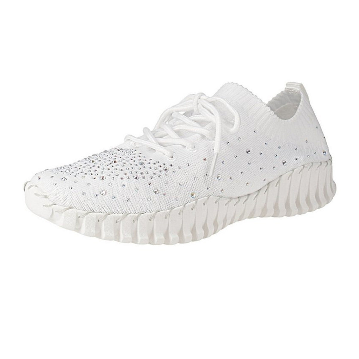 Step up your style with the BERNIE MEV Gravity White Sneakers with Crystal—a chic white athletic shoe featuring a textured sole, lace-up front, and sparkling rhinestone accents on the knit upper for a glamorous touch with every step. Main image