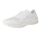 Step up your style with the BERNIE MEV Gravity White Sneakers with Crystal—a chic white athletic shoe featuring a textured sole, lace-up front, and sparkling rhinestone accents on the knit upper for a glamorous touch with every step.