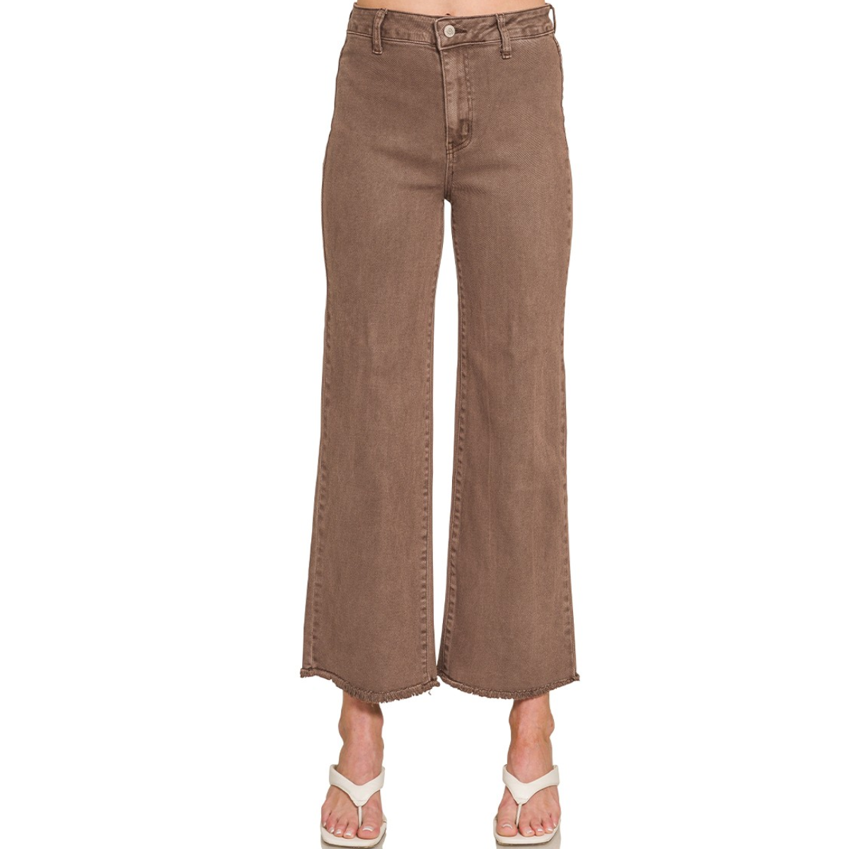 Zenana Acid Washed Frayed Hem Straight Wide Leg Pants in brown featuring a high-waisted design, button closure, and raw, frayed hems.