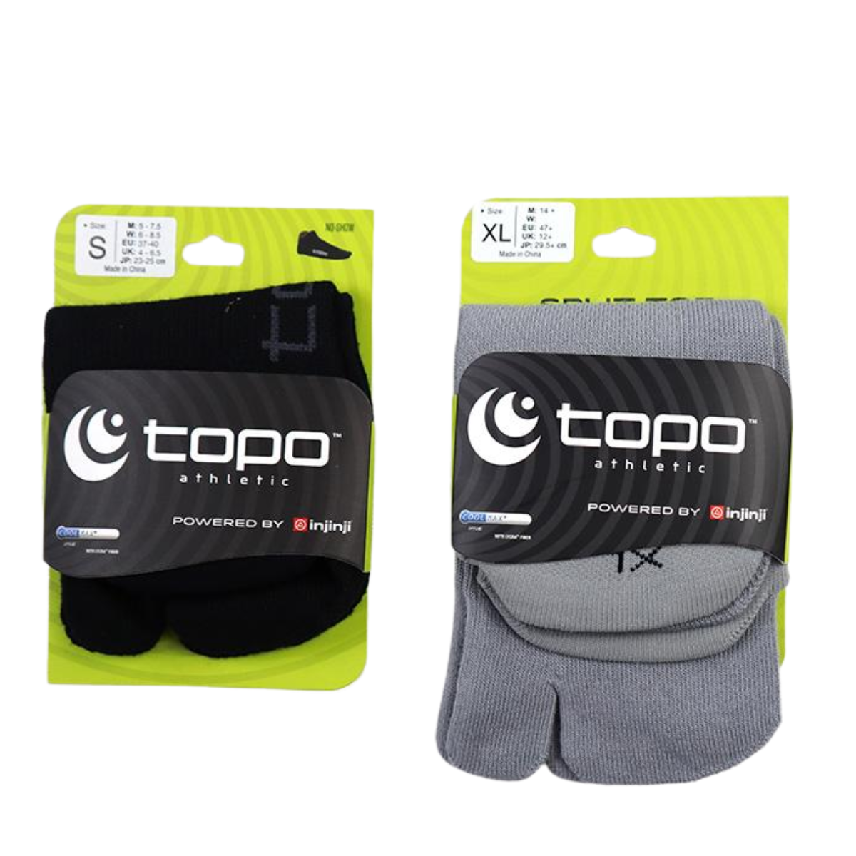 Two pairs of FASHION GO TOPO Split Toe Ankle Socks in original packaging—one black (S) and one gray (XL)—both labeled “Powered by Injinji” and made with COOLMAX fiber for comfort. Main image