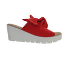Women's red woven elastic open-toe wedge sandal with bow detail