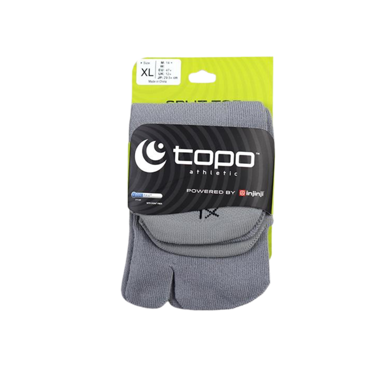 A pair of gray FASHION GO TOPO Split Toe Ankle Socks in XL with COOLMAX fiber, featuring a green and black label, is shown against a white background.
