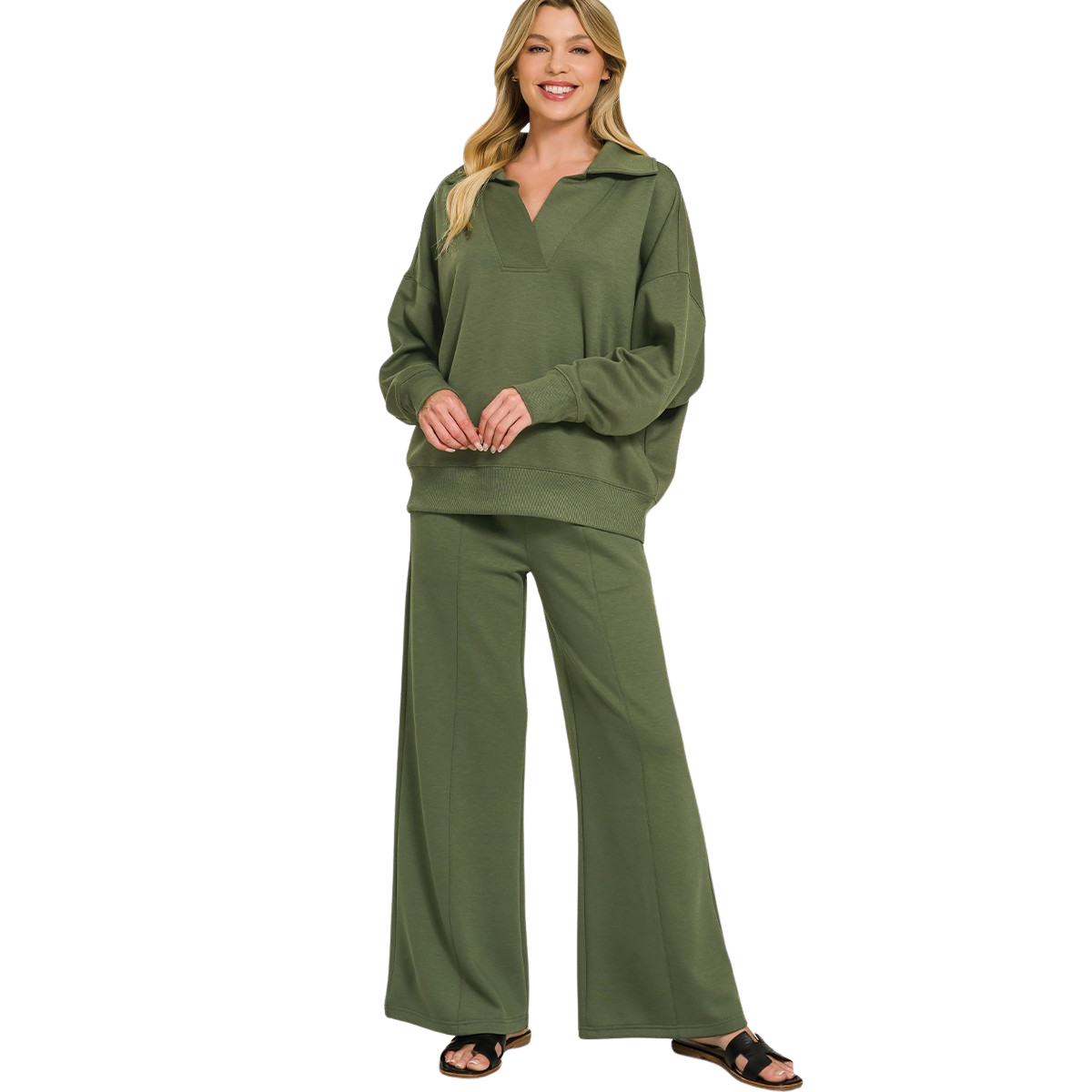 A woman wears an olive green FASHION GO Scuba Collared Pullover and Pants Set featuring a pullover with a collar, drop shoulders, and matching center-seam, wide-leg trousers.