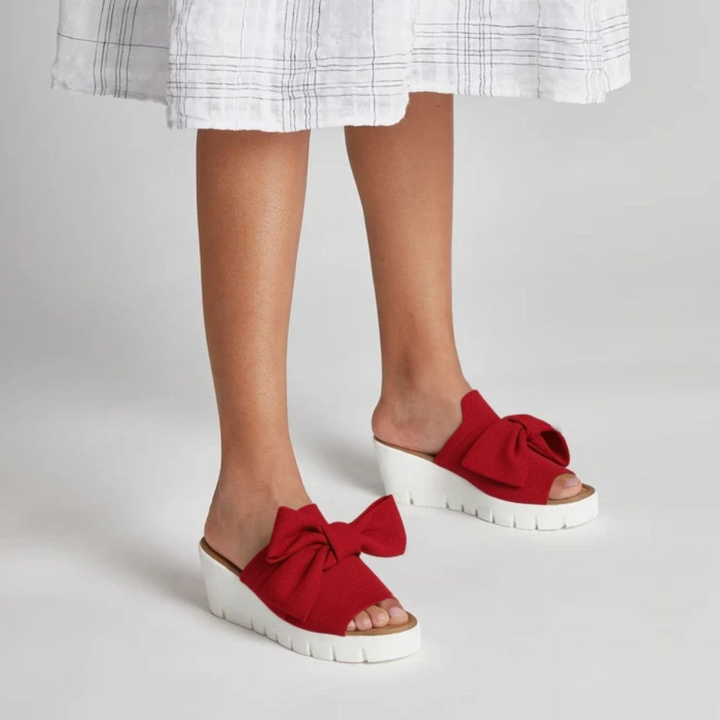 Women's red woven elastic open-toe wedge sandal with bow detail