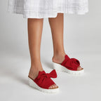 Women's red woven elastic open-toe wedge sandal with bow detail