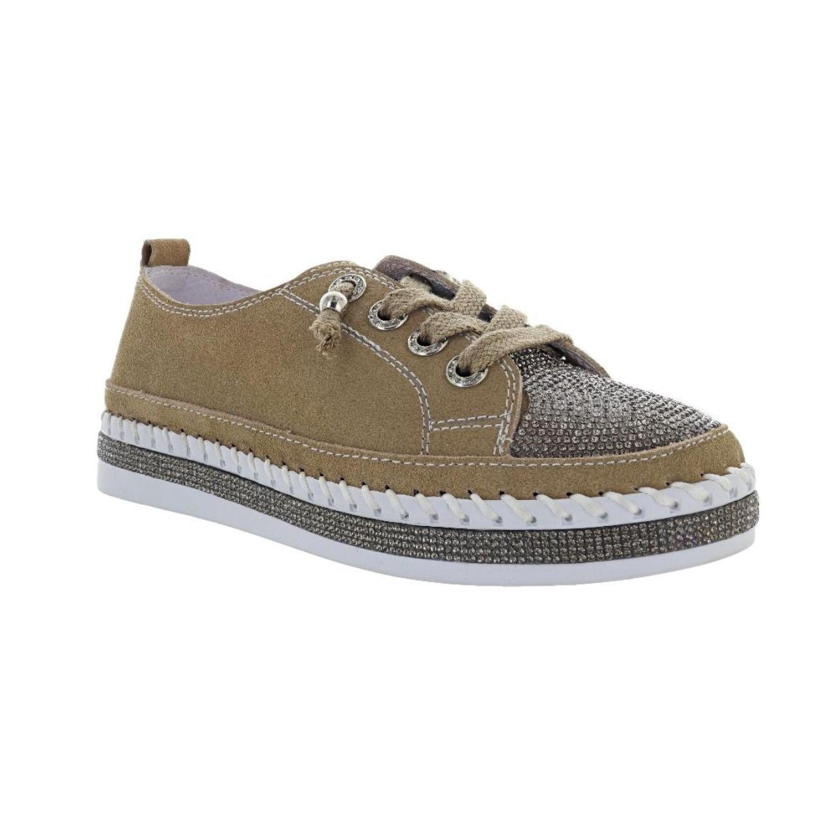 Introducing the Jodie Sneaker in Taupe Suede and Crystals by BERNIE MEV: A taupe suede sneaker accented with crystal embellishments, featuring a textured toe cap, white and brown sole, and metal eyelets—crafted for lasting style and memory foam comfort. Displayed on a white background. Main image