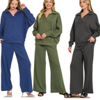 Three women modeling Scuba Collared Pullover and Pants Sets in blue, olive green, and charcoal gray, featuring scuba collars and wide-leg center seam pants.