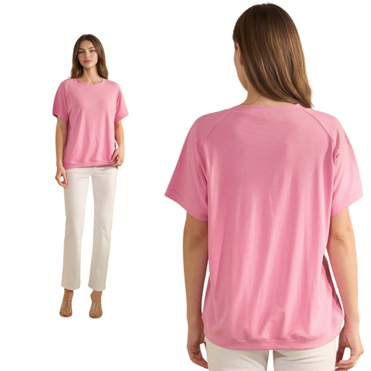 Model wears the FASHION GO Everyday Soft Ribbed Loose Fit Short Sleeve Top in pink with white pants, shown front and back against a white background—an effortless style essential.