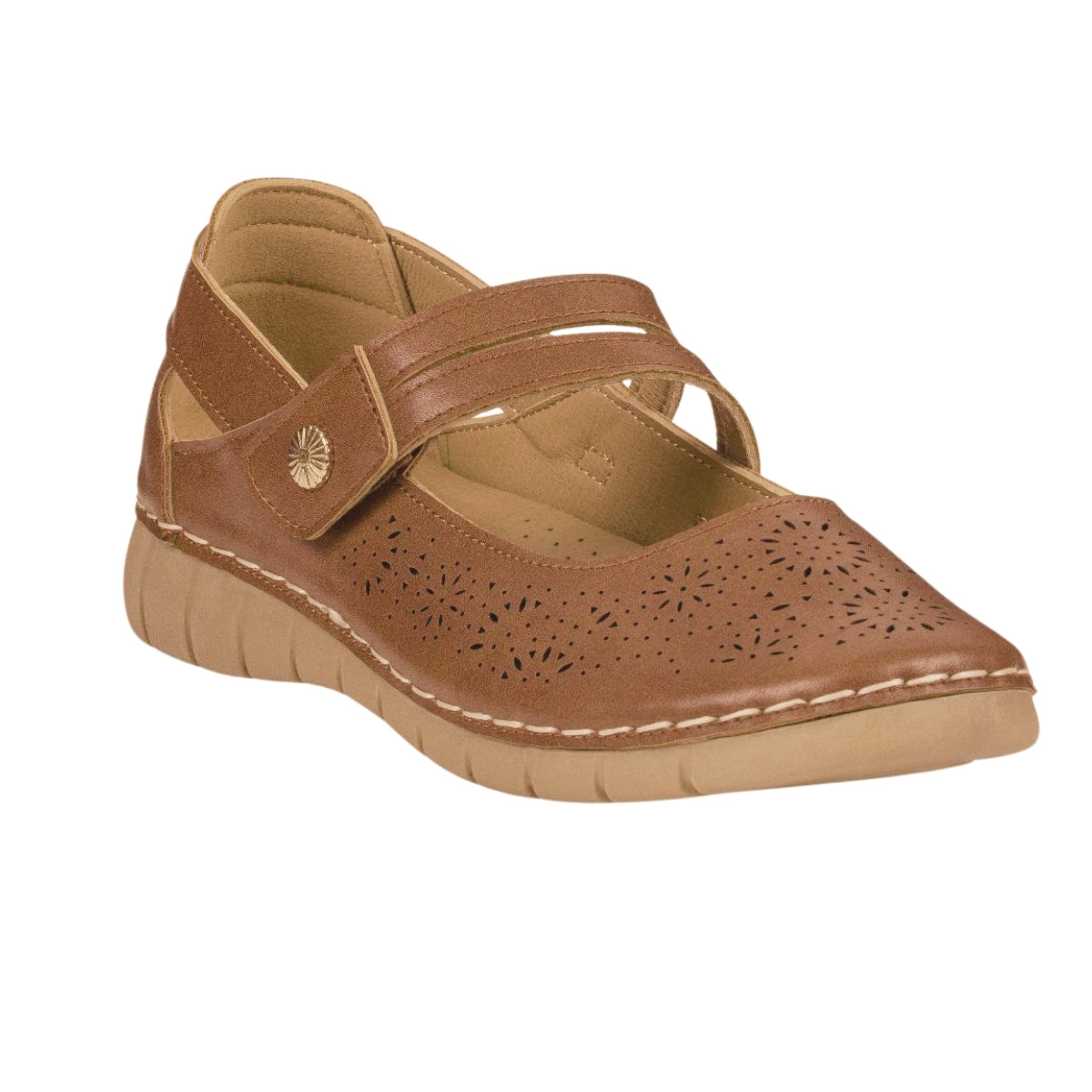 Women's shimmer tan Mary Jane comfort shoe with adjustable hook-and-loop strap Main image