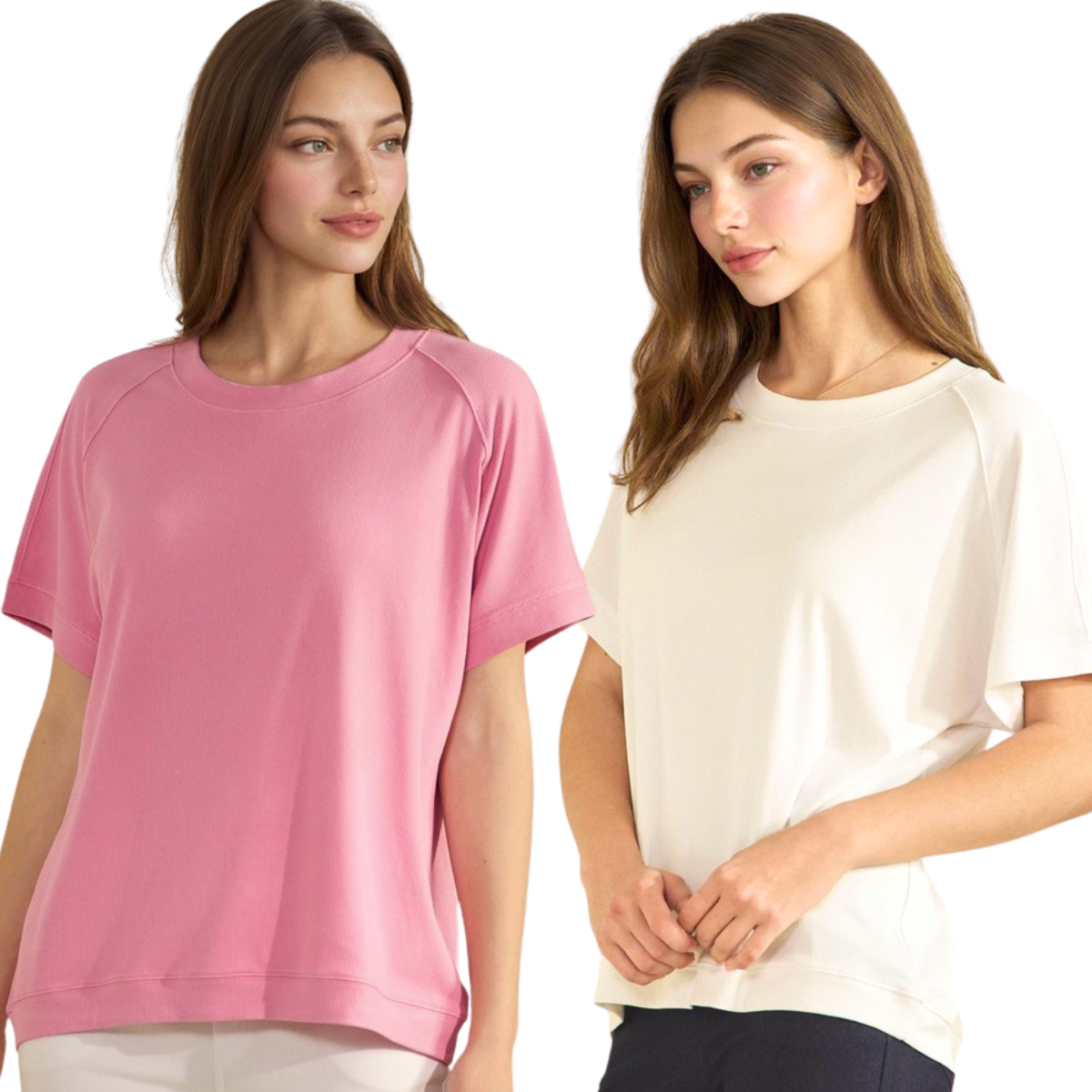 Two women stand side by side against a white background, one wearing a pink FASHION GO Everyday Soft Ribbed Loose Fit Short Sleeve Top and the other in an off-white version, both facing forward.