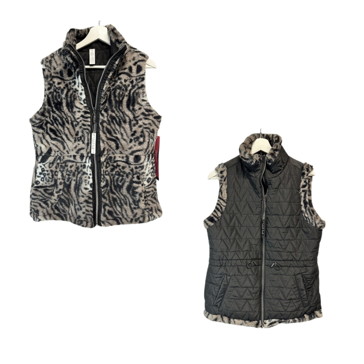 Two RONNIE SALLOWAY & CO INC Reversible Fur Vests hang against a white background: one features a black and gray animal print, while the other is black and quilted with a patterned lining.