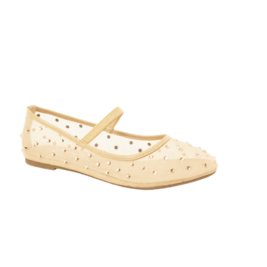The SUMMER RIO Beige Mesh Mary Jane w/Rhinestones offers everyday elegance with its comfortable flat design, classic single strap, and sparkling decorative rhinestones.