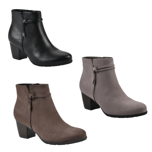 Three Cliffs by White Mountain Angelo Bootie ankle boots with side zippers and stacked block heels are displayed in black, brown, and taupe on a white background.